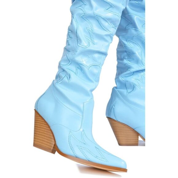 Women Blue Fabric Thigh High Over The Knee Pointed Toe Chunky Heels Tall Boot - Picture 2 of 4